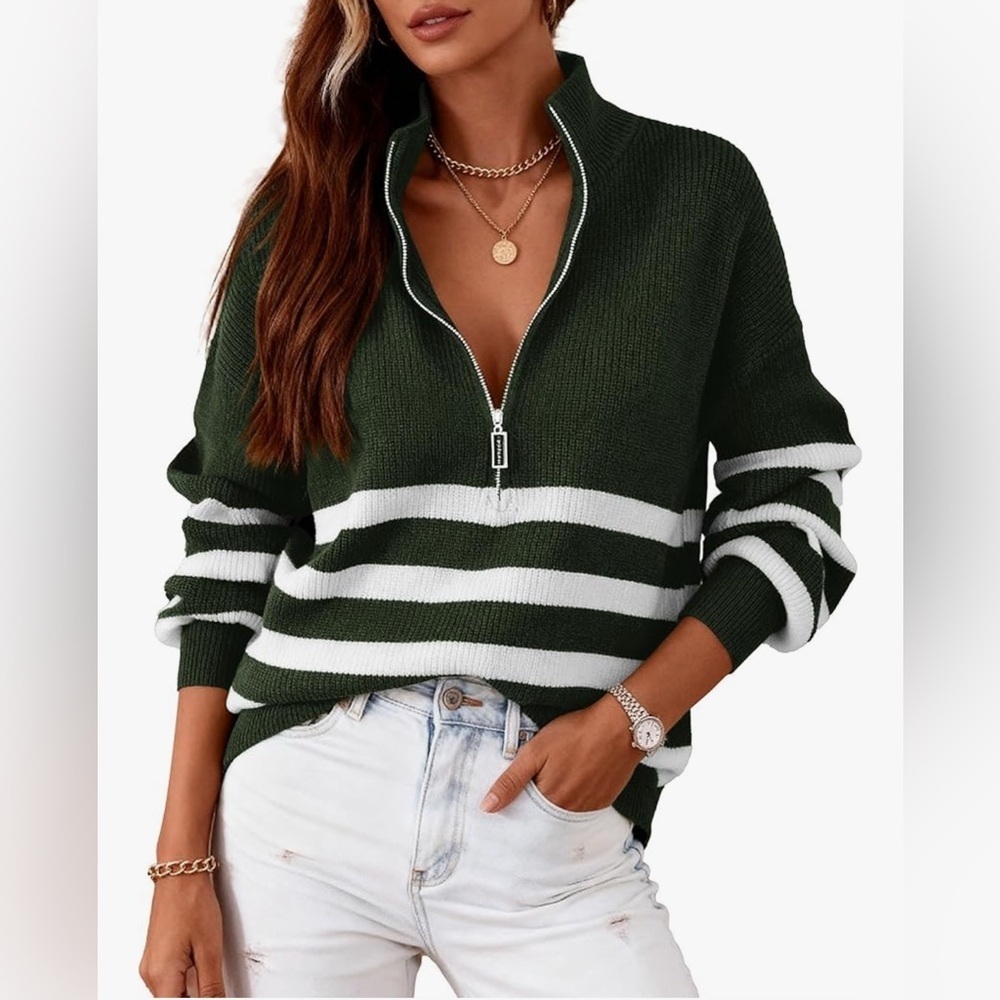 Olive Green and White Striped Women's Sweater